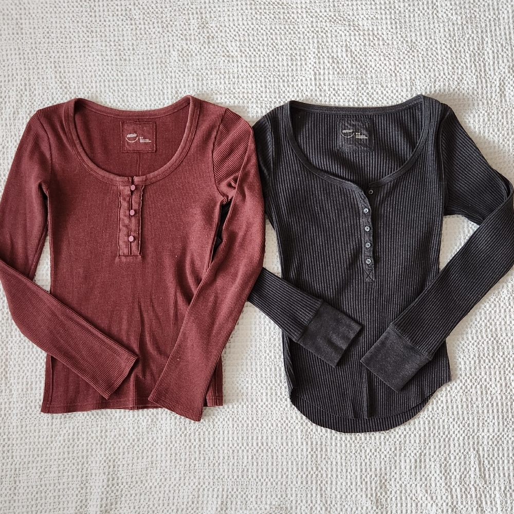 NWOT Aerie Long Sleeve Henley Tops in Burgundy and Charcoal